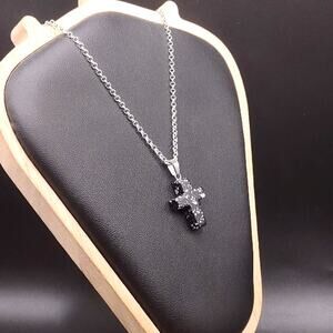 925 Silver Necklace With Black Granite Cross Valentine Anniversary Birthday Gift